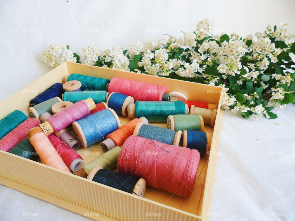 white spring flowers and multi-colored thread for sewing on a white background