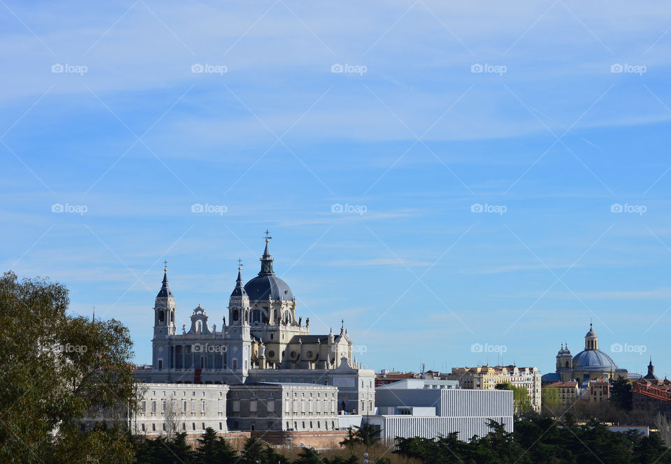 View of Almudena cathedral from Debod temple in Madrid, Spain.