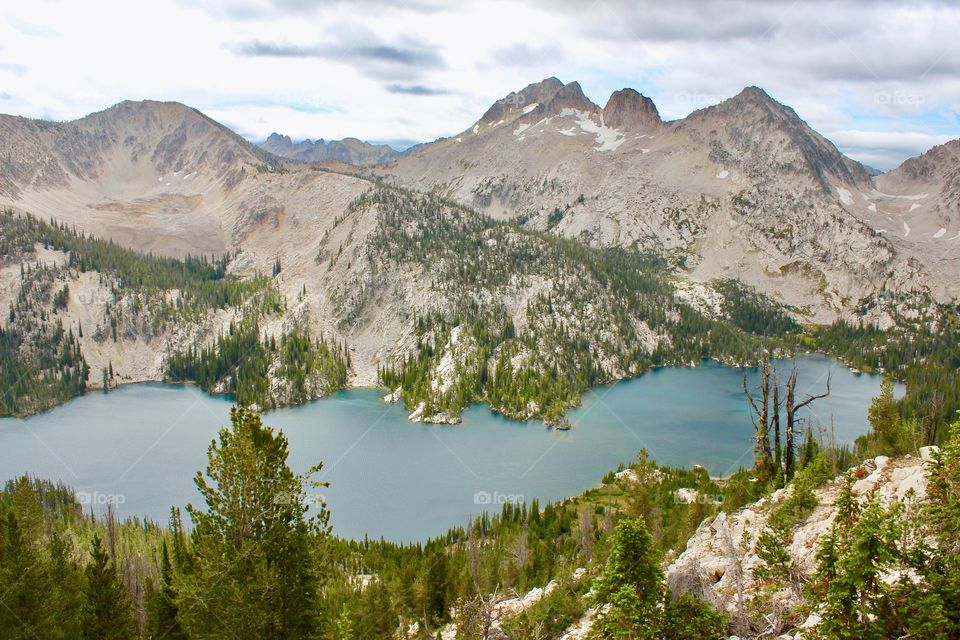 View from the saddle looking down towards Toxaway Lake in Idaho’s breathtaking Sawtooth Mountains. 