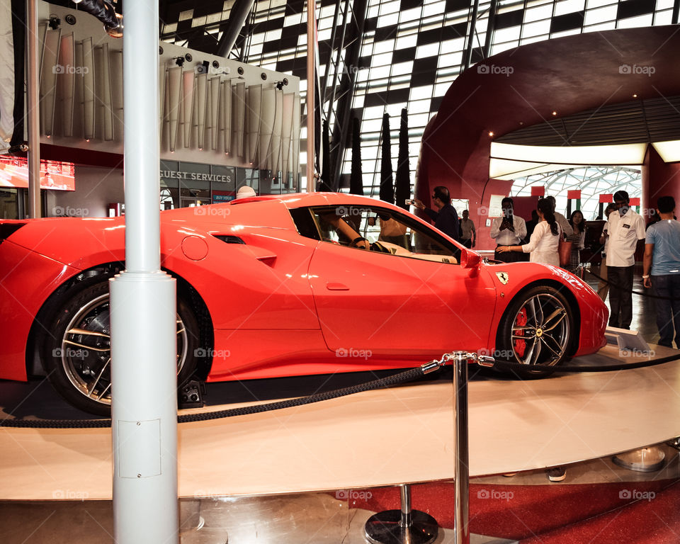 Dubai - October 10, 2018: Ferrari Enzo is on display at Auto Show. inside a pavilion for the visitors.