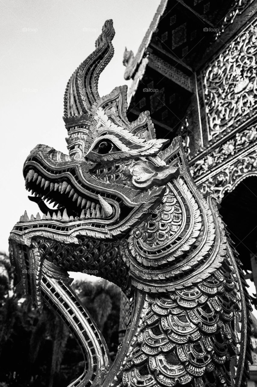 Wonderfully ornate dragon at Wat Phra Singh, Chiang Mai, Thailand 