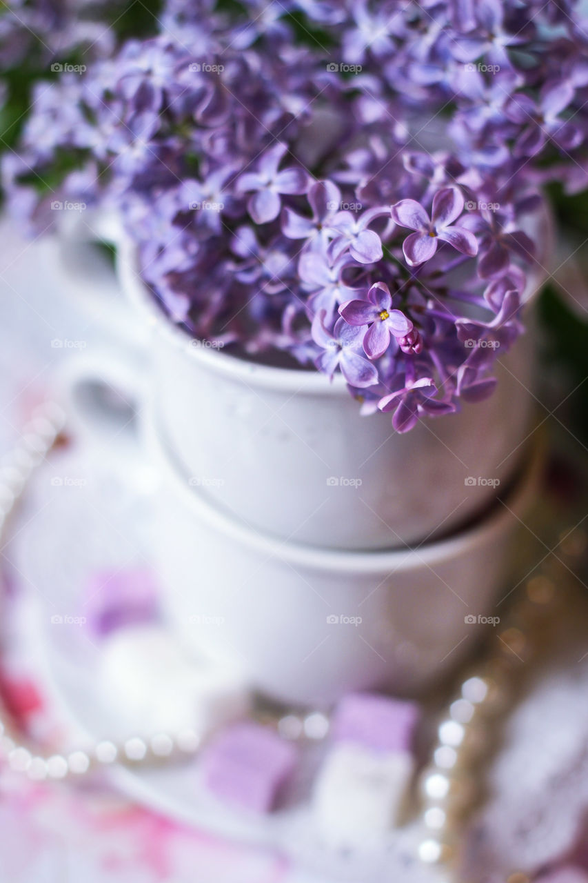 lilac flowers coffee cup teatime 