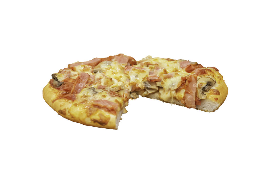 Pizza with ham and cheese on a white background with clipping path.