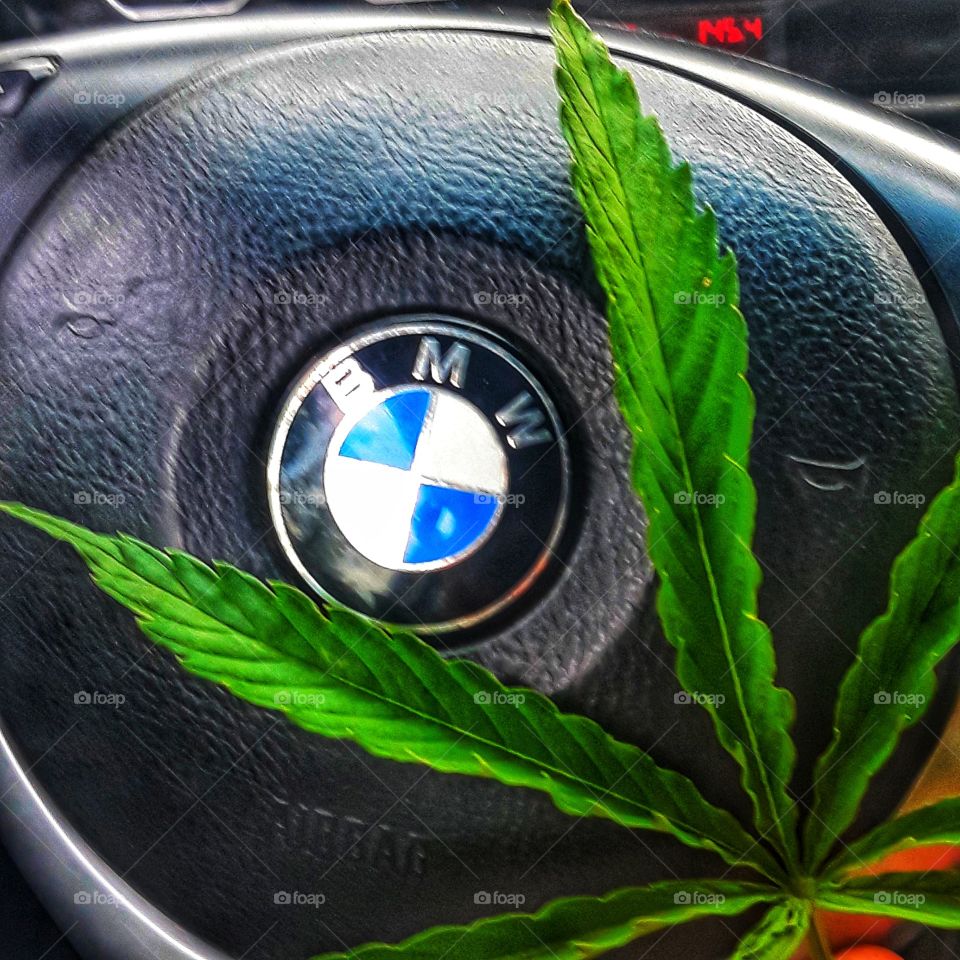 bmw steering wheel and cannabis leaf good evening