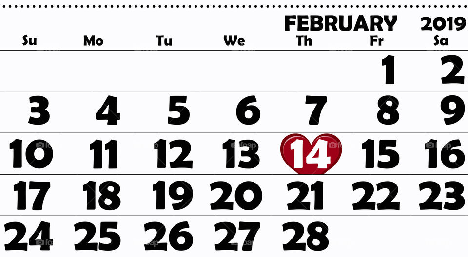 Calendar for February 2019 with focus on Valentine's Day in US format