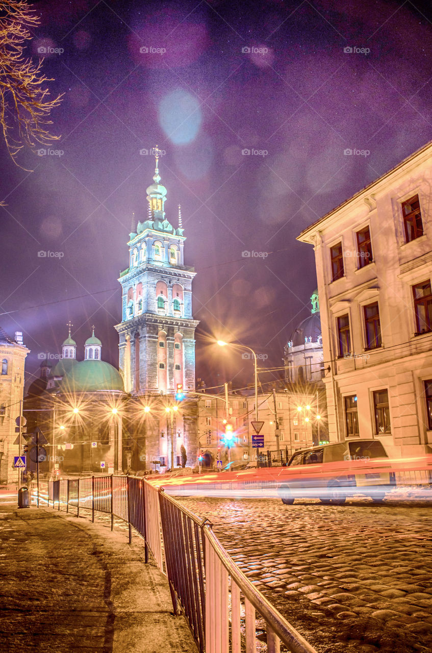 Lviv cityscape during the sunset