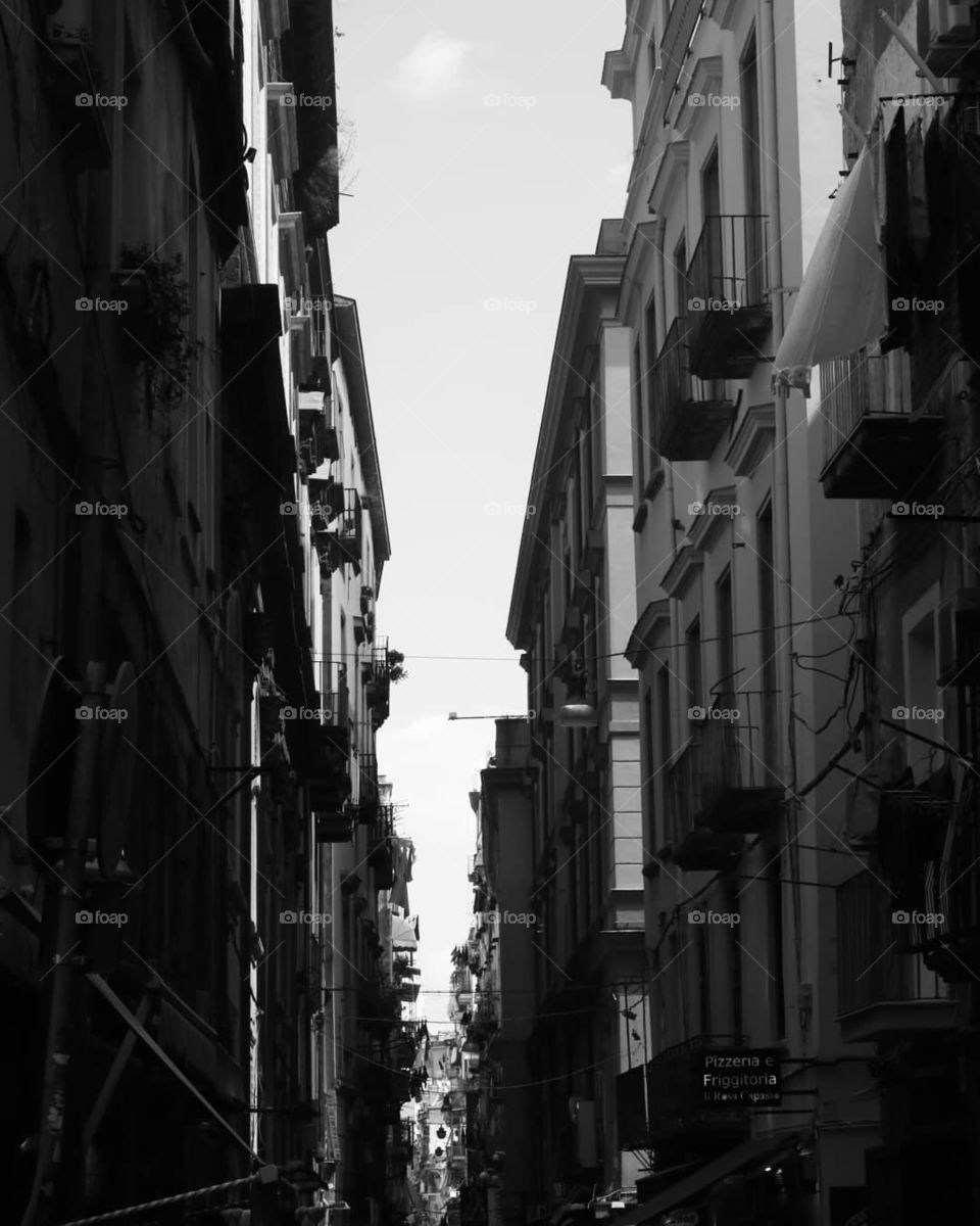 Buildings and architecture of Naples city in black and white.