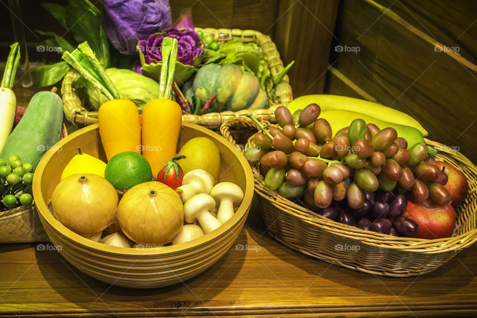 Fruits and vegetable in basket. Assortment of exotic fruits and vegetable in basket