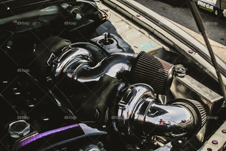 Close Up Shot Of The Engine Bay Of A Twin Turbo R34 Nissan Skyline