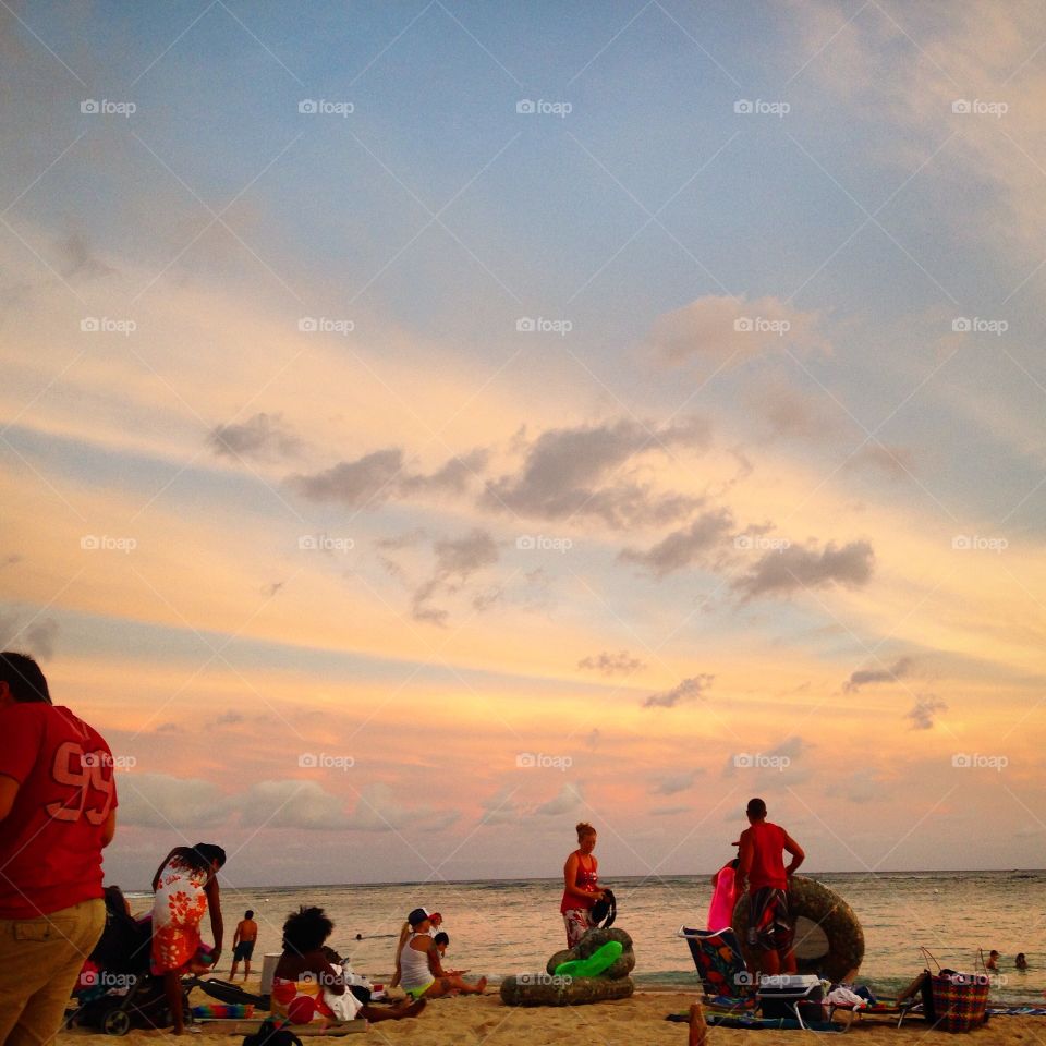 Waikiki Beach. Waiting for the sunset and fire works  at Waikiki Beach