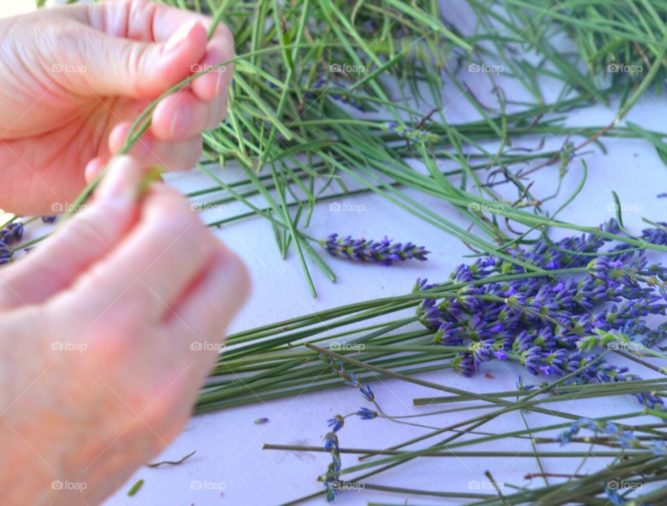 Woman crafting a lavender wand