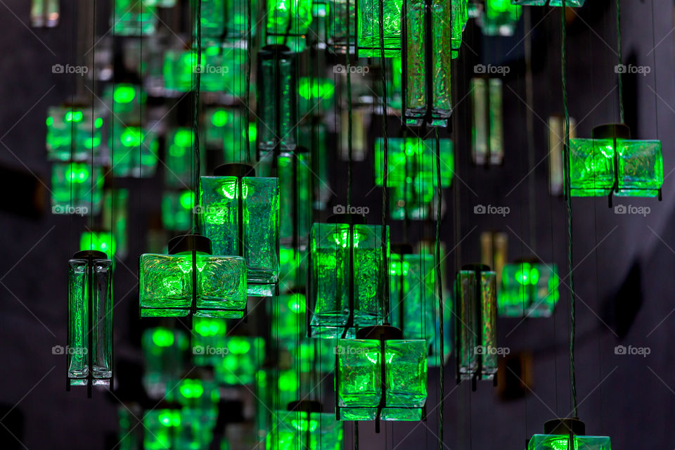 Glass ceiling deep green chandeliers