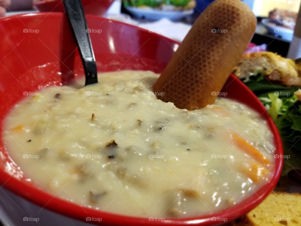 chicken and wild rice soup with bread