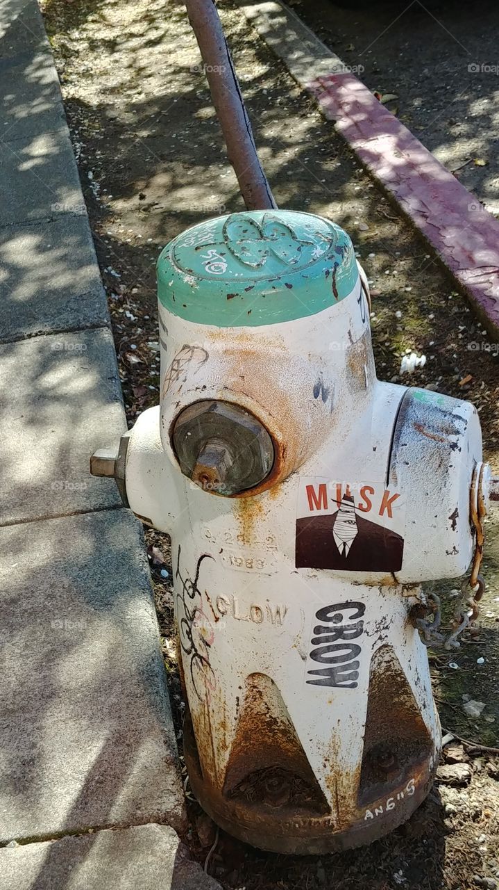 Fire hydrant stickers graffiti next to sidewalk