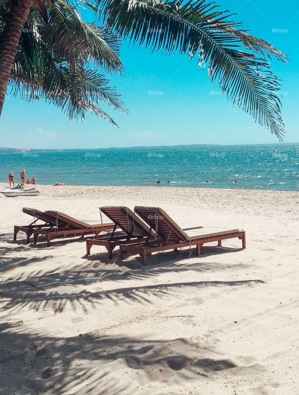 Beach landscape , summer sea, beach chairs , coconut tree , summer season, on the beach 