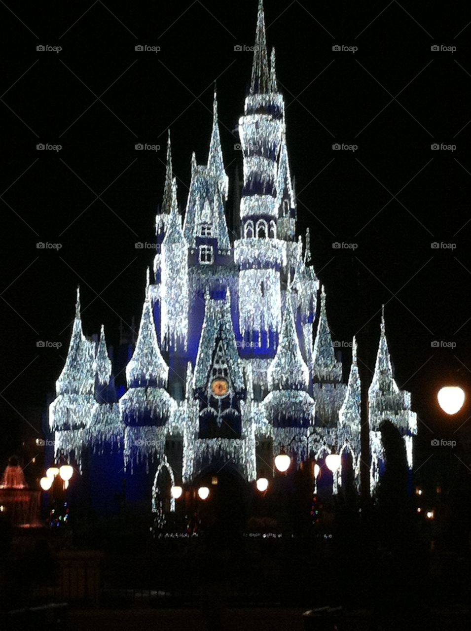 Walt Disney world Castle. The castle in Ice lights, Christmas Party.
