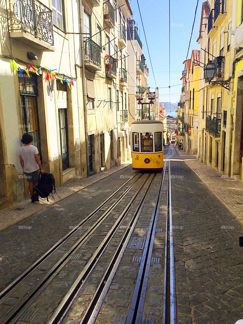 Tram in city, Lisbon, Portugal
