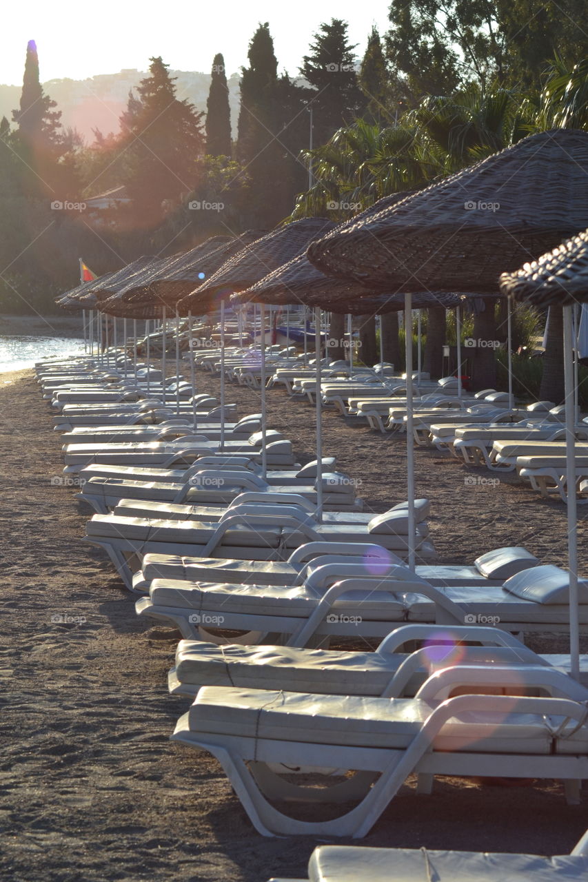 Sunchairs on the beach.