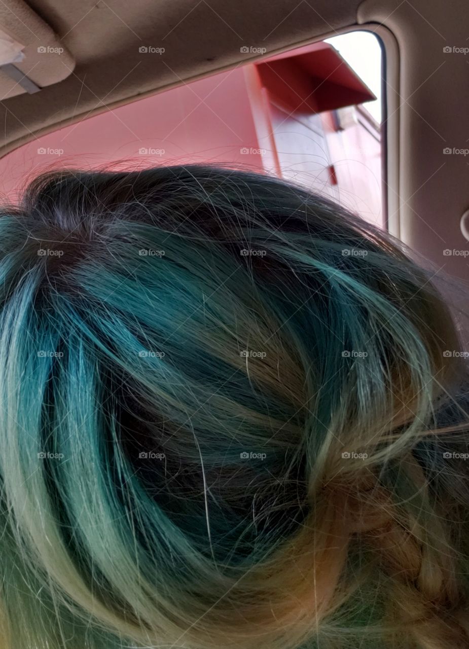 attention grabbing gray blue & teal roots melt into blonde braided hair, for on the go!