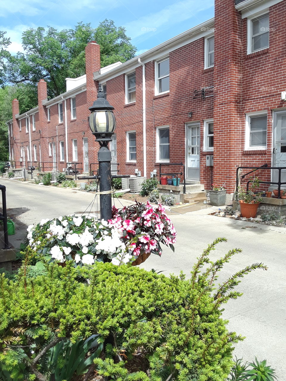 Brick apartments with iron lamppost and flowers