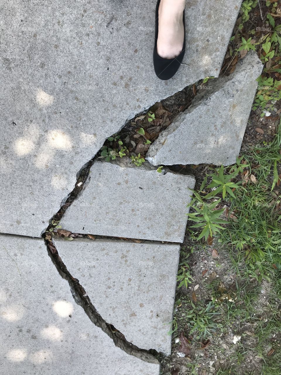 Stepping near a cracked sidewalk in black shoes in Charleston, SC