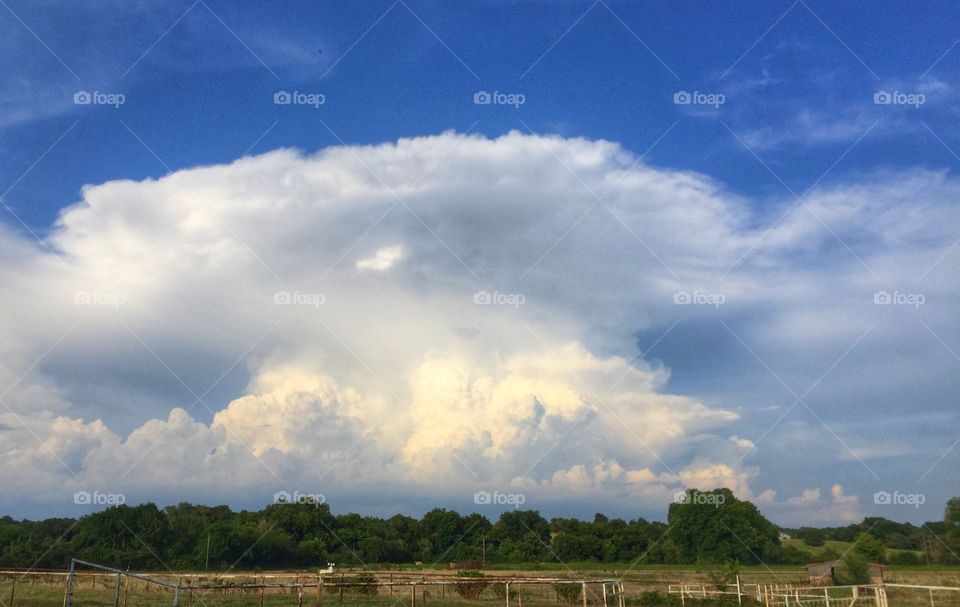 Mushrooming thunderstorm cloud over a farm 