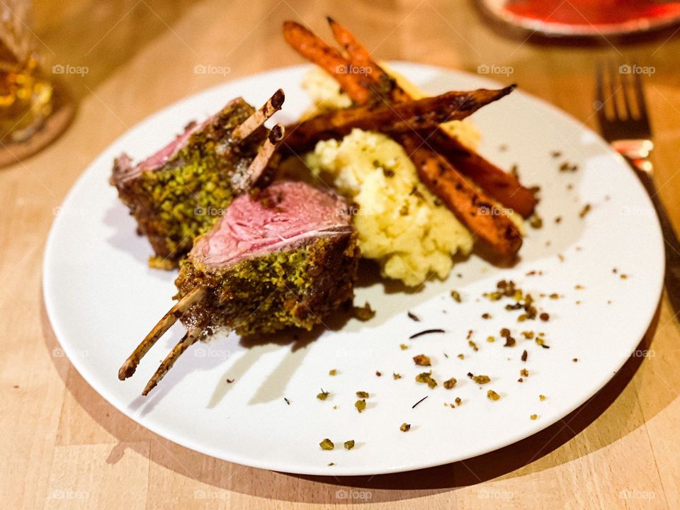 Lamb chops for dinner with mashed potatoes and carrots
