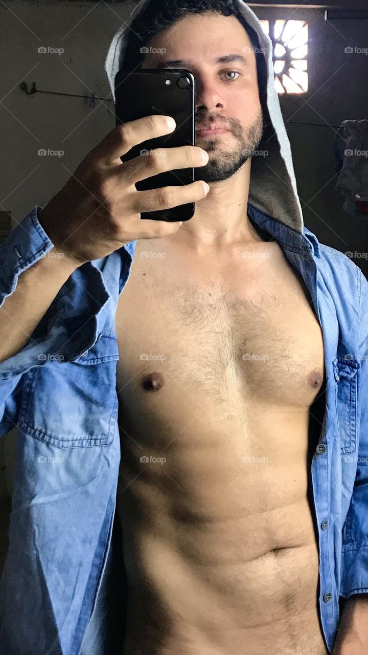 man open shirt selfie