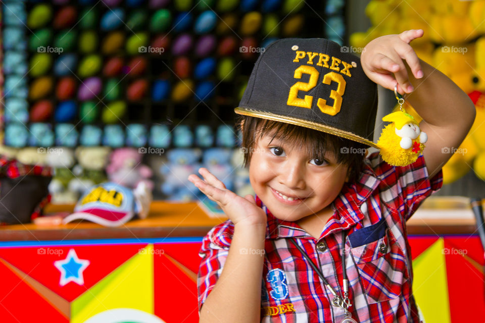 Happy kid. winning at the fun fair