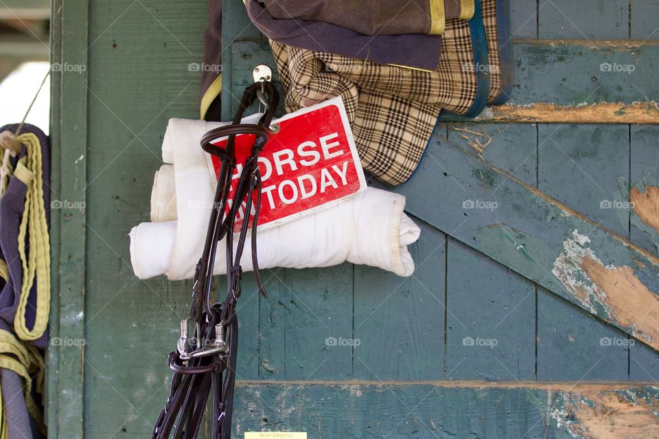 Saratoga Shed Row by Fleetphoto. Irish Danzing's bridle and blanket, all ready for her debut at Saratoga.