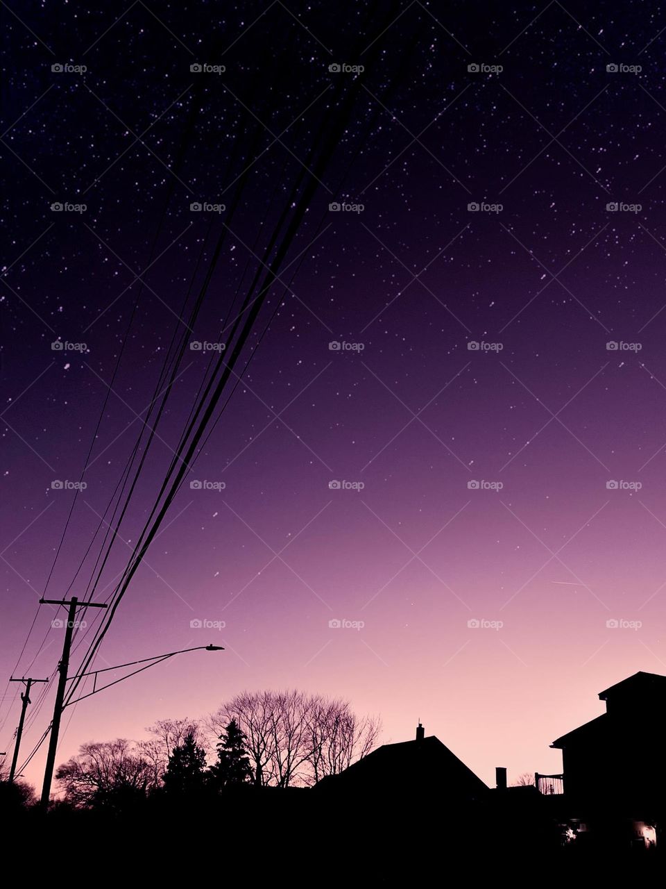 Star stars galaxy starry night purple tones shadow outline power pole powerlines house tree magical sky sunsetting beautiful phone photography photo