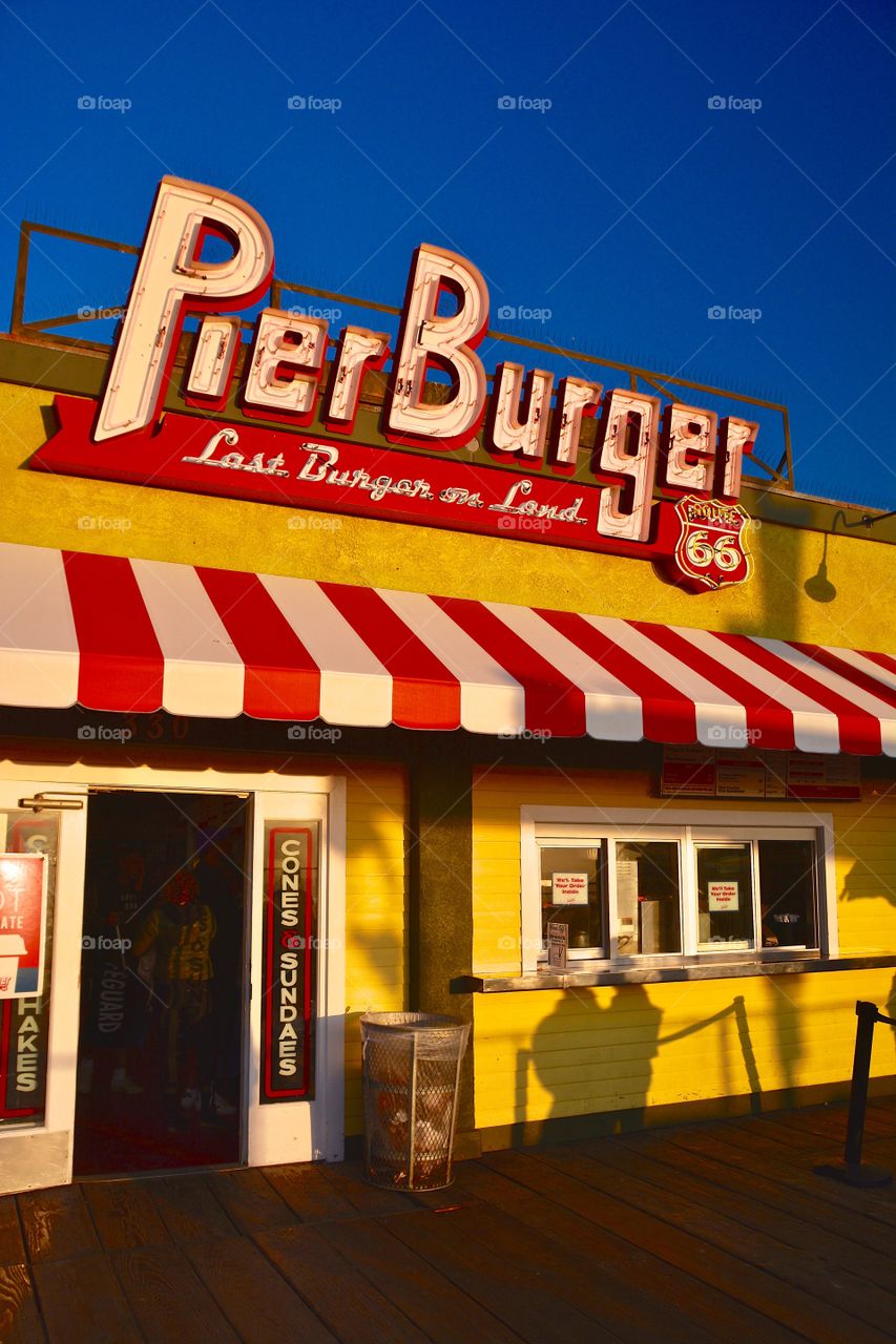 Last burger shop on Route 66 at Santa Monica Pier in Los Angeles 