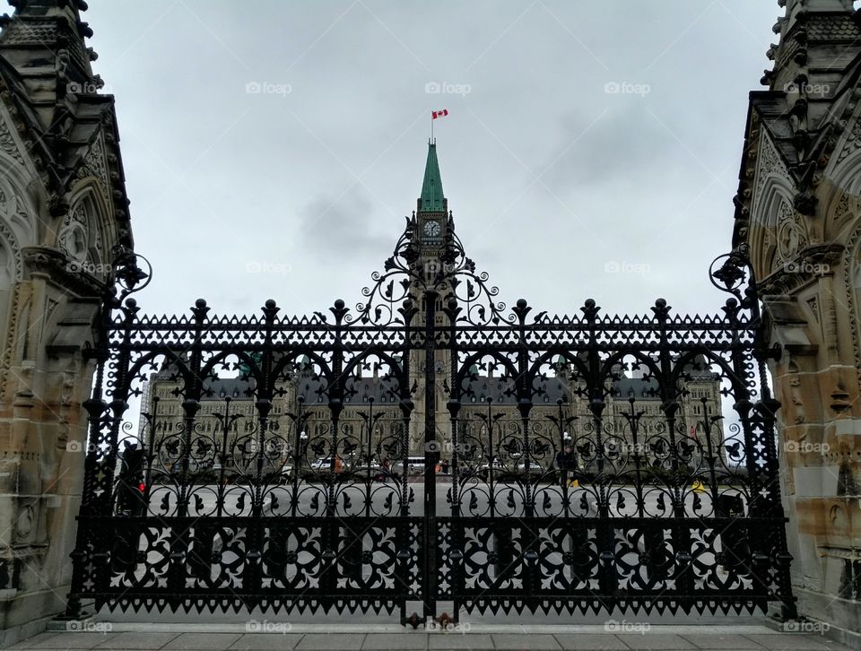 Dramatic front gate view of the Parliament Building in Ottawa, Canada