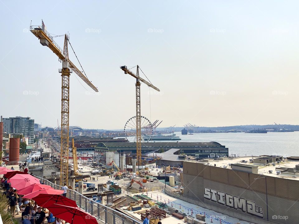 Seattle cityscape with harbour and Ferris wheel