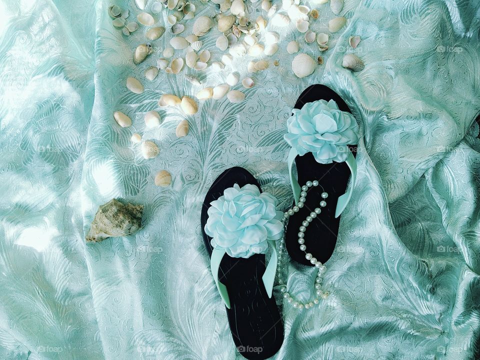 Summer time by foaр missions,summer slippers on a background of seashells and turquoise brocade!