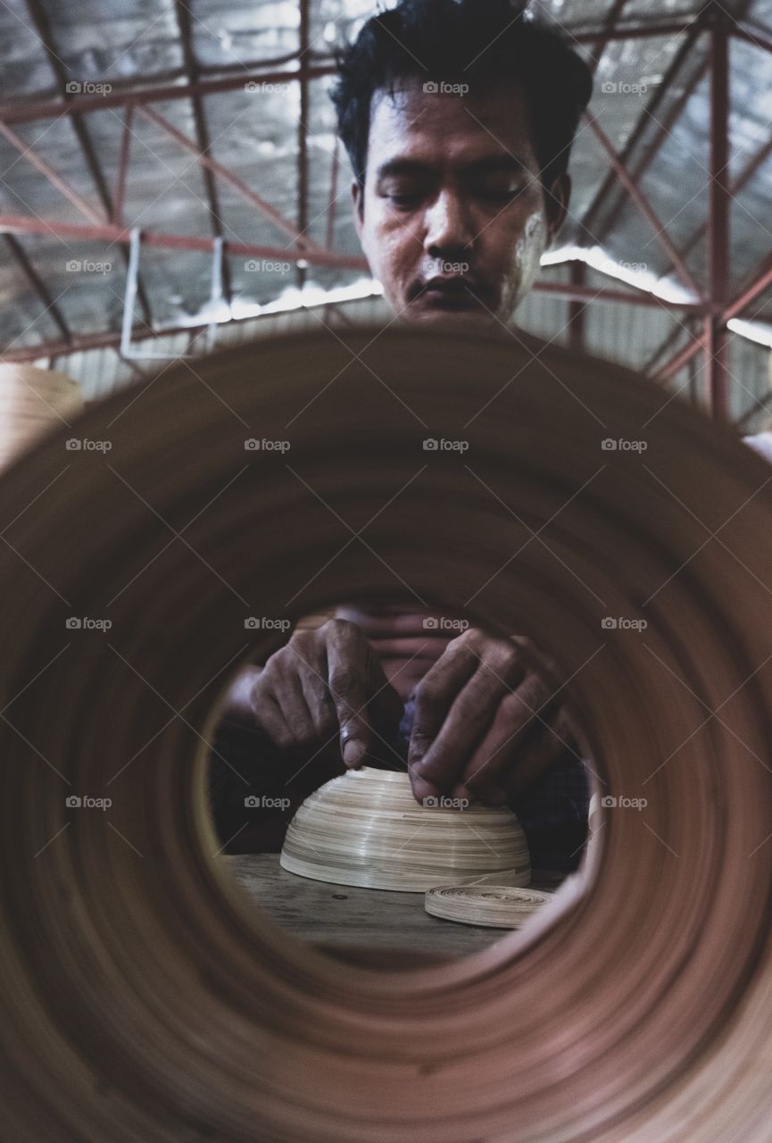 Man is making natural Bamboo product at Local Handcraft factory in Bagan Myanmar