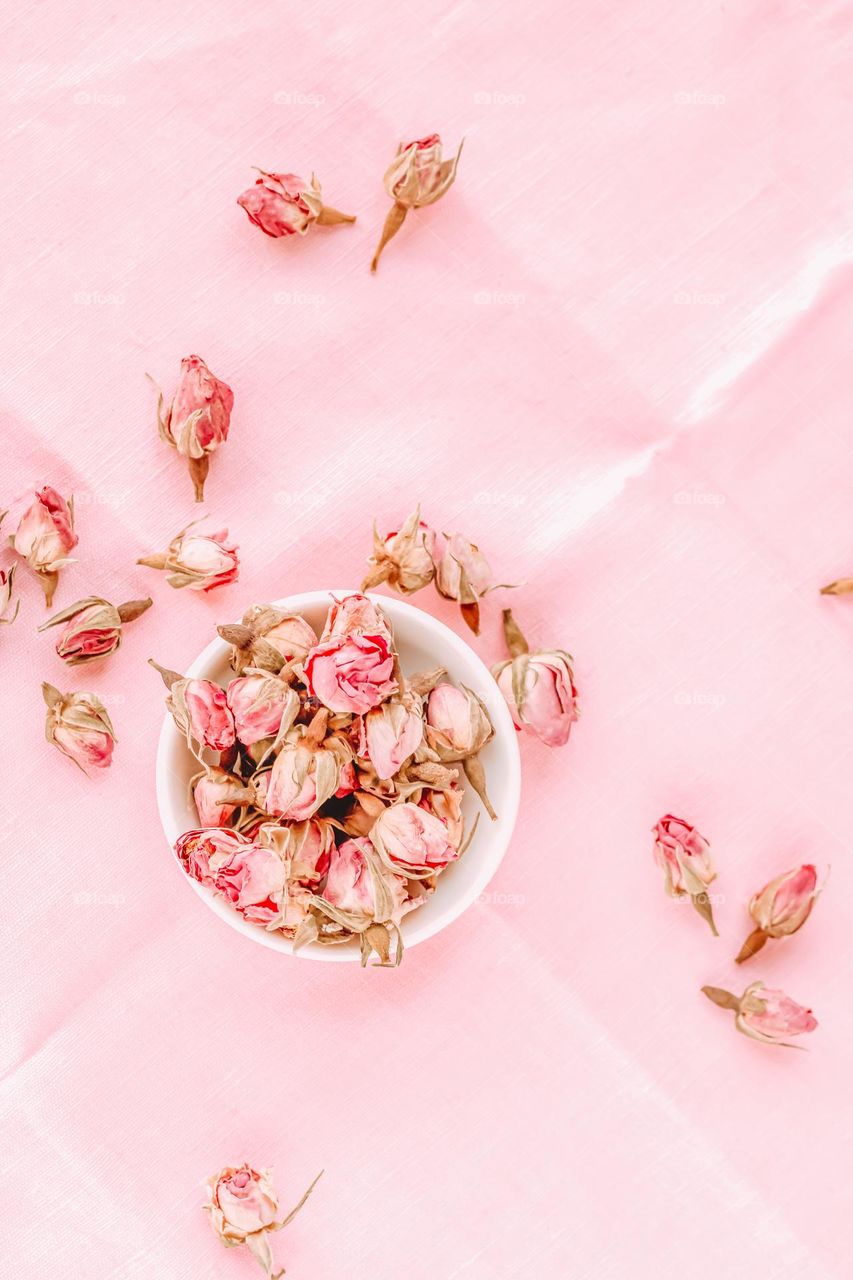 Tea roses buds in the cup at pink background.