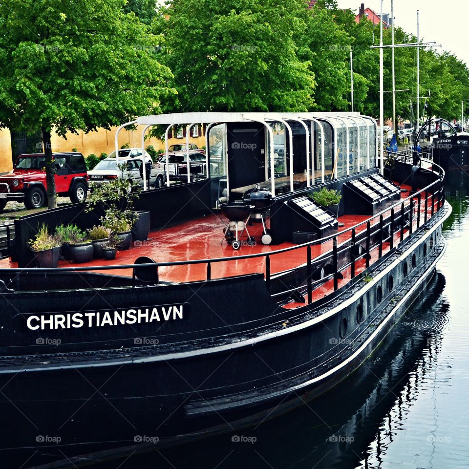 somewhere in Copenhagen. the restaurant boat on the shore in Copenhagen, Denmark