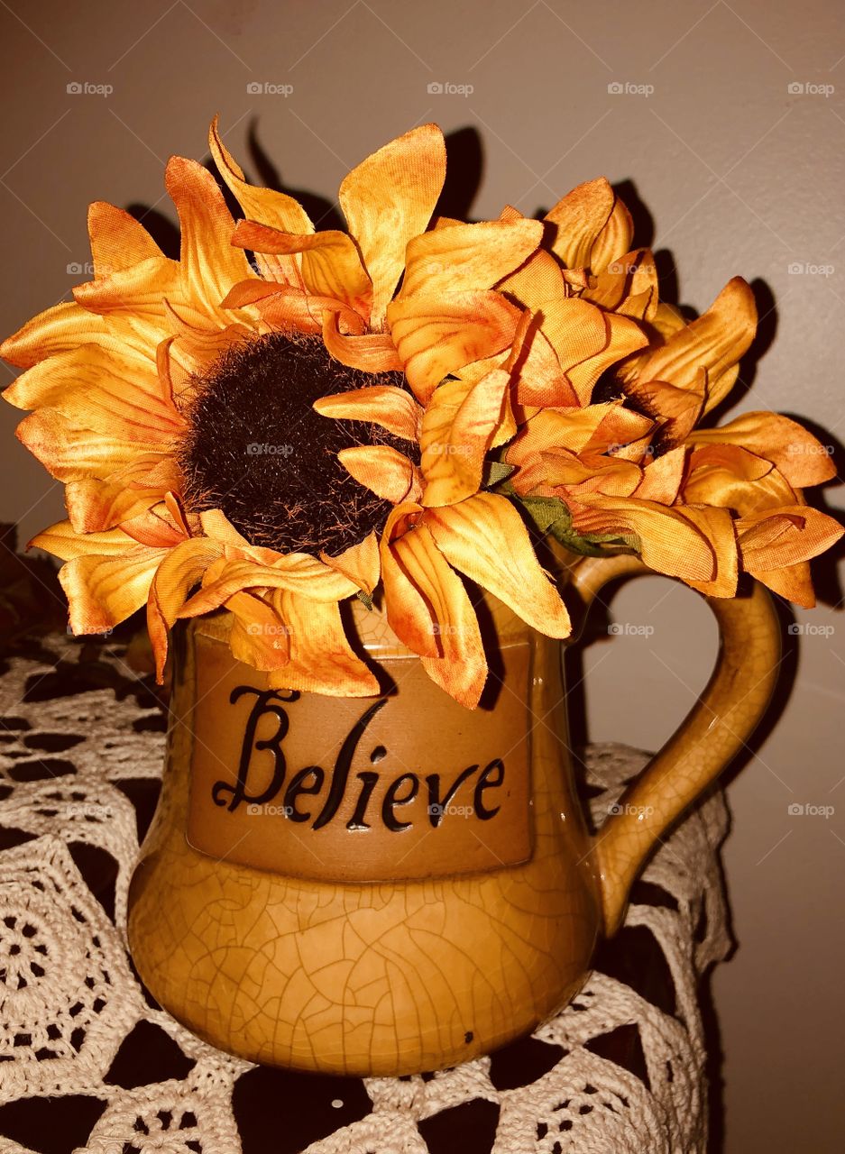 Believe large yellow mug pottery and sunflowers 