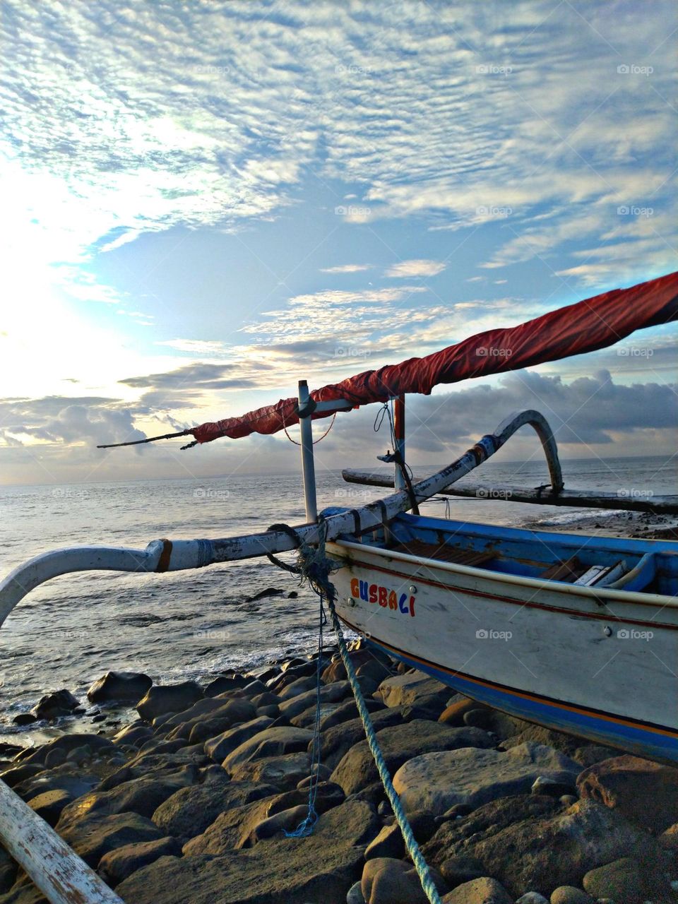 fishing boats anchored on the coast of Sukasada Karangasem Bali in the morning