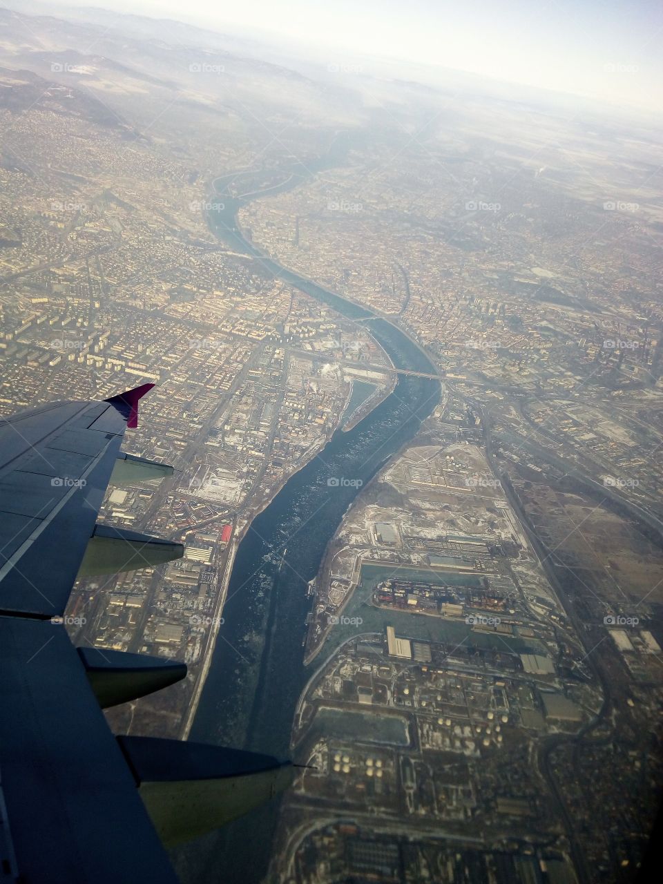 Budapest bridges. View from the airplane.