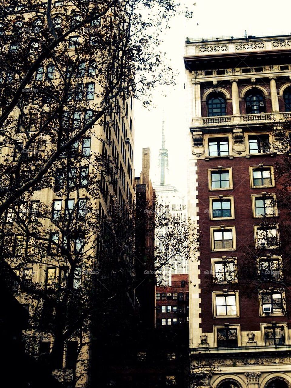 Hidden between two buildings.