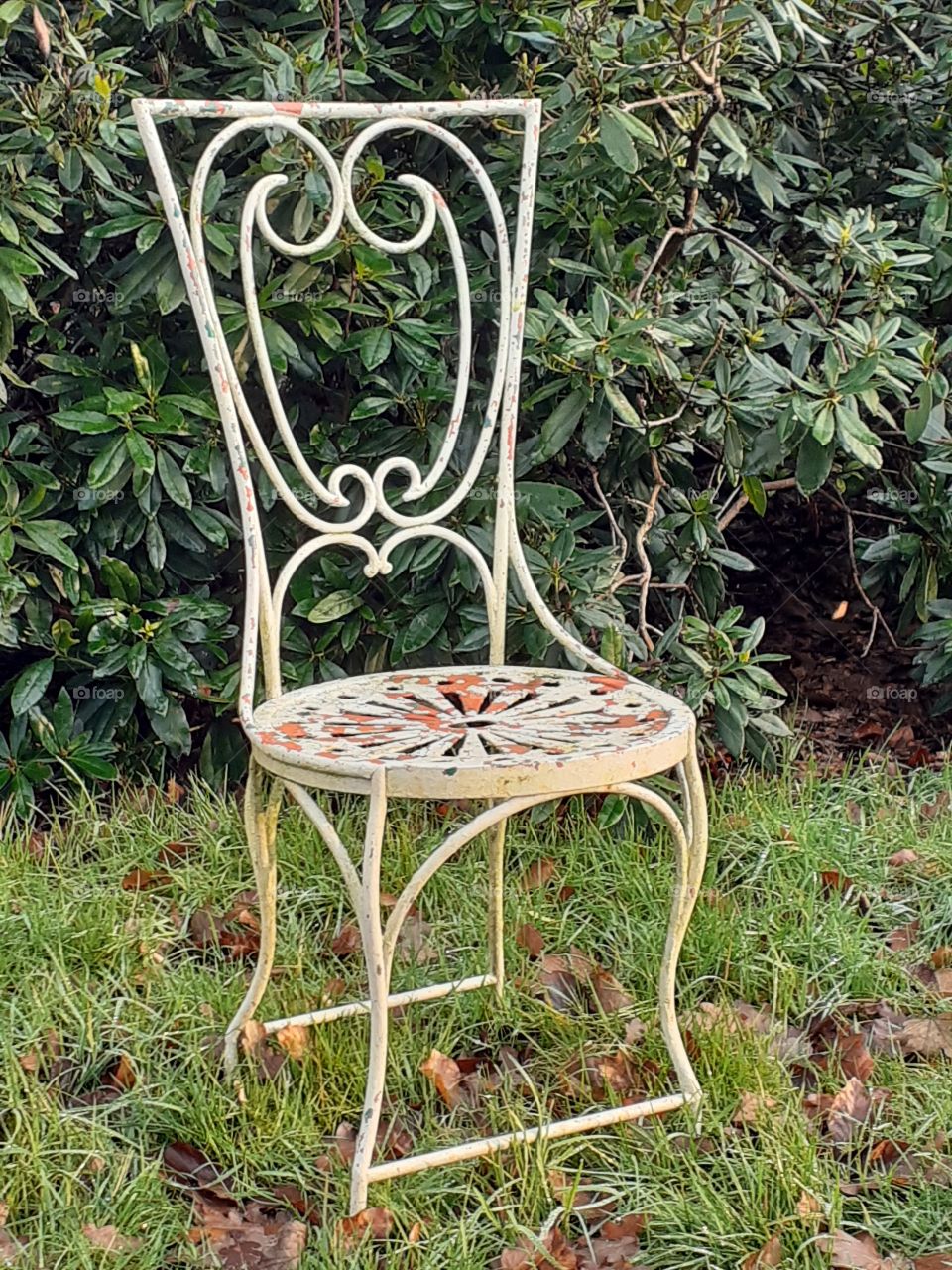 An iron chair out in the grass