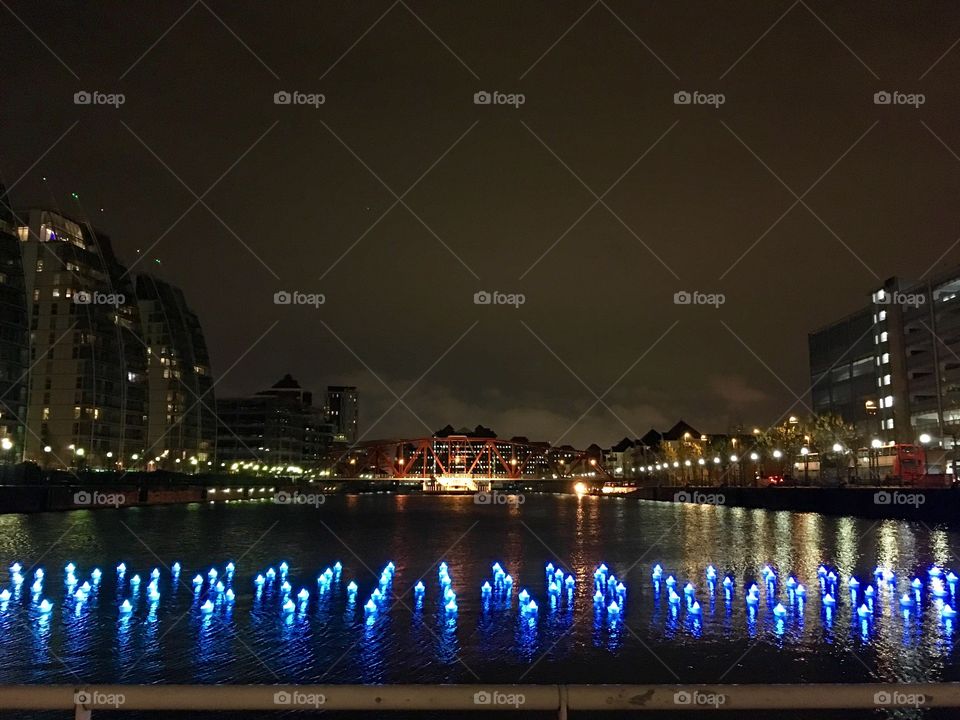 Manchester , Salford Quays,  light show on water 