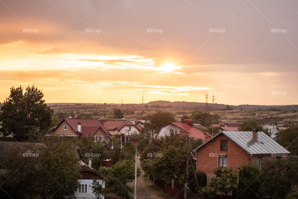 sunset in the village