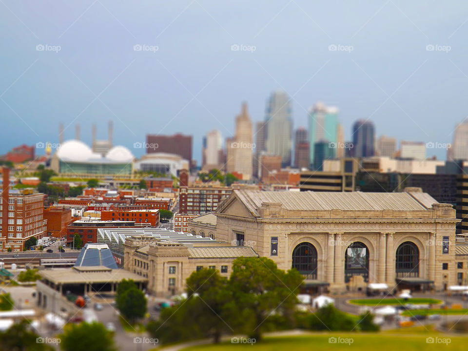View of Union Station and Downtown Kansas City. I took this photo of Union Station and Downtown Kansas City from the World War l Memorial in Kansas City. I used a tilt shift effect to give it a miniature look.