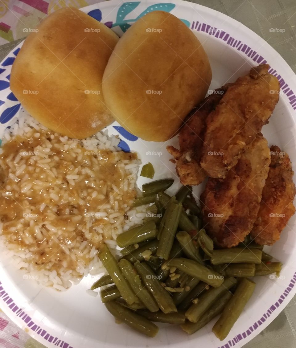 NC Fried Chicken, Rice & Gravy, Green Beans and Yeast Rolls