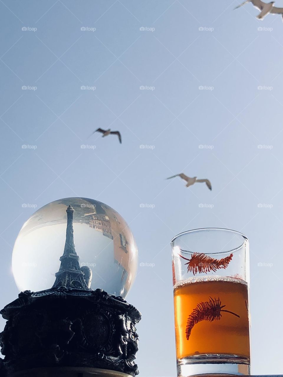 Beautiful cristal ball with cup of tea and beautiful flying seagulls cross the sky 