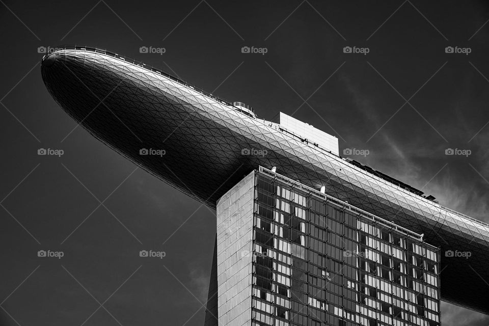 Looking up at Marina Bay Sands in Singapore.