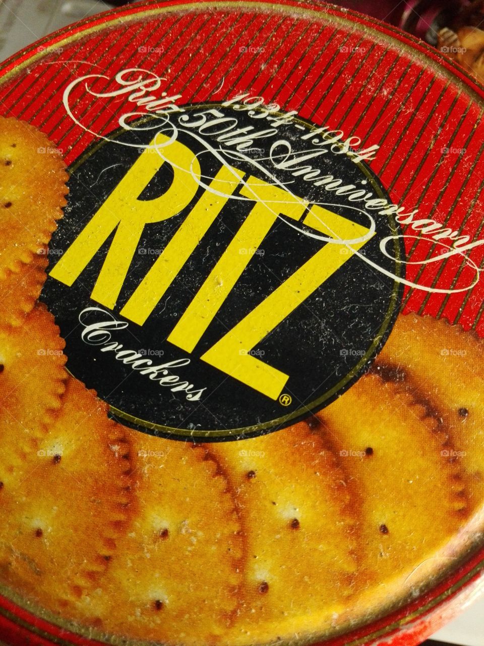 An old Ritz Crackers container. It's their 50th anniversary edition.